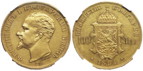 Bulgaria
Ferdinand I 1887-1918
100 Leva, Kremnitz, 1894 KB, AU 32.25 g.
Ref : Fr. 2, KM#18
Conservation : NGC AU 53. Très Rare