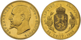Bulgaria
Ferdinand I 1887-1918 
100 Leva, 1912, Kremnitz, AU 32.25 g.
Ref : Fr.5, KM#34
Conservation : NGC MS 60 Prooflike