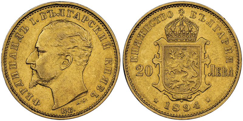 Bulgaria
Ferdinand I 1887-1918
20 leva, 1894 KB, AU 6.45 g.
Ref: Fr. 3, KM#20
Co...
