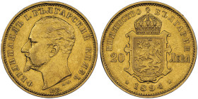 Bulgaria
Ferdinand I 1887-1918
20 leva, 1894 KB, AU 6.45 g.
Ref: Fr. 3, KM#20
Conservation : NGC AU 58. Superbe