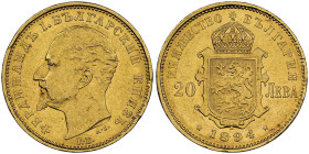 Bulgaria
Ferdinand I 1887-1918
20 leva, 1894 KB, AU 6.45 g.
Ref: Fr. 3, KM#20
Conservation : NGC AU 58. Superbe