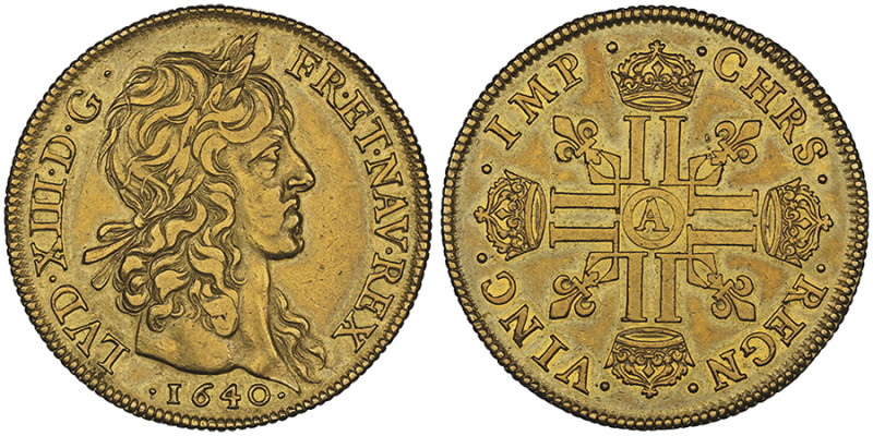 BOURBONS
Louis XIII 1610-1643
40 livres dit 4 Louis d'or, 1640 A, AU 26.80 g.
Av...