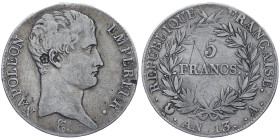 Premier Empire 1804-1814
5 Francs, Paris, AN 13 A , Contremarqué fleur, AG 24.71 g.
Conservation : TTB