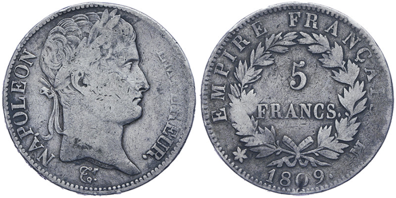 Premier Empire 1804-1814
5 Francs, Marseille, 1809, AG 24.54 g.
Ref : G.584
Cons...