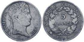 Premier Empire 1804-1814
5 Francs, Marseille, 1809, AG 24.54 g.
Ref : G.584
Conservation : TB. Seulement 12.286 pièce frappées.Très Rare