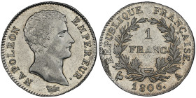 Premier Empire 1804-1814
1 Franc, Paris, 1806 A, AG 5 g. Ref : G.444
Conservation : NGC AU 58