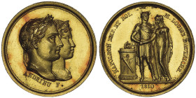 Premier Empire 1804-1814
Petite médaille en or Mariage de Napoléon Ier et de Marie-Louise d'Autriche., 1810, 15 mm par Andrieu Tranche lisse
Avers :...