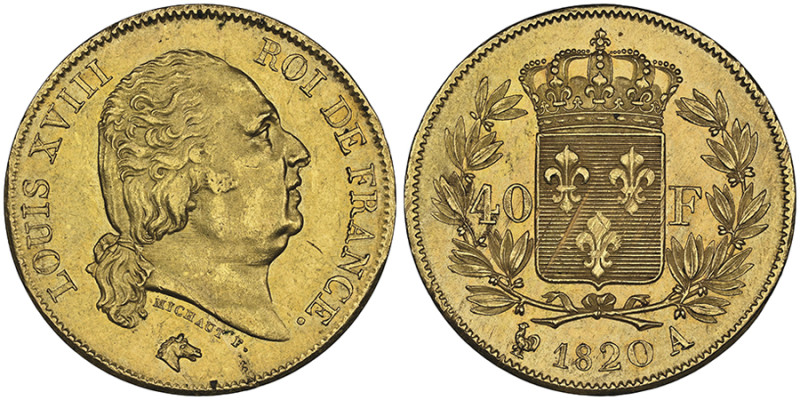 Louis XVIII 1815-1824
40 Francs, Paris, 1820/10 A, AU 12.9 g. Ref : G.1092, Fr. ...