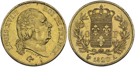 Louis XVIII 1815-1824
40 Francs, Paris, 1820/10 A, AU 12.9 g. Ref : G.1092, Fr. 533
Conservation : NGC MS 62
Quantité : 5480 exemplaires. Rare.