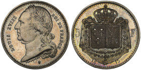 Louis XVIII 1815-1824
Essai de 5 francs par Trébuchet, Bruxelles, 1815 , AG
Avers : LOUIS XVIII - ROI DE FRANCE Buste lauré à gauche de Louis XVIII ; ...