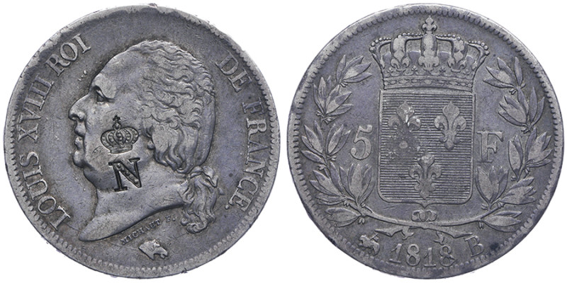 Louis XVIII 1815-1824
5 Francs, Rouen, 1818 B, Contremarqué avec N couronné AG 2...