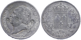 Louis XVIII 1815-1824
5 Francs, Lille, 1823 W, Contremarqué de 3 fagots de blé , AG 24.86 g.
Conservation : presque TTB
