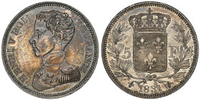 Henri V Prétendant et comte de Chambord, 1820-1883
Essai de 5 Francs , tranche lisse, Bruxelles, 1831, AG 25 g.
Ref : G.651 (1989), Maz. 905 (R2) Cons...