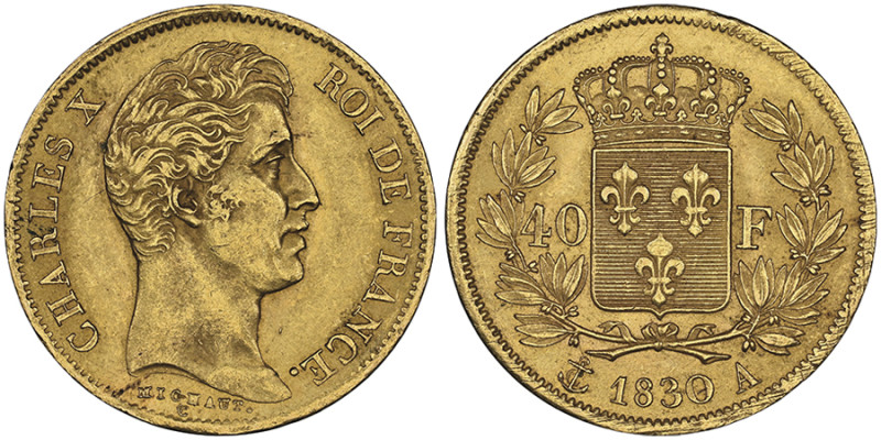 Charles X 1824-1830 
40 Francs, Paris, 1830 A, Tranche en creux, AU 12.9 g., Fr....