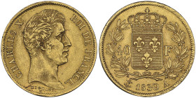 Charles X 1824-1830 
40 Francs, Paris, 1830 A, Tranche en creux, AU 12.9 g., Fr. 547
Ref : G.1105, Fr. 547
Conservation : NGC MS 63