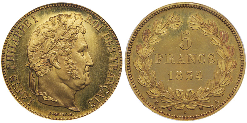 Louis-Philippe Ier 1830-1848
Epreuve sur flan bruni en or du 5 francs argent, Pa...