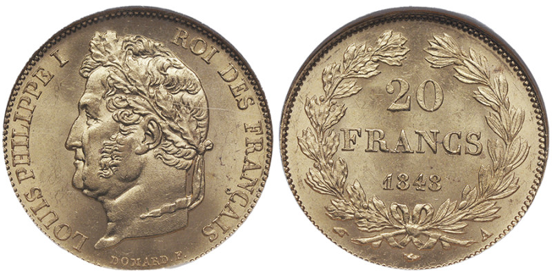 Louis-Philippe Ier 1830-1848
20 Francs, Paris, 1848 A, AU 6.45 g. Ref : G.1031, ...