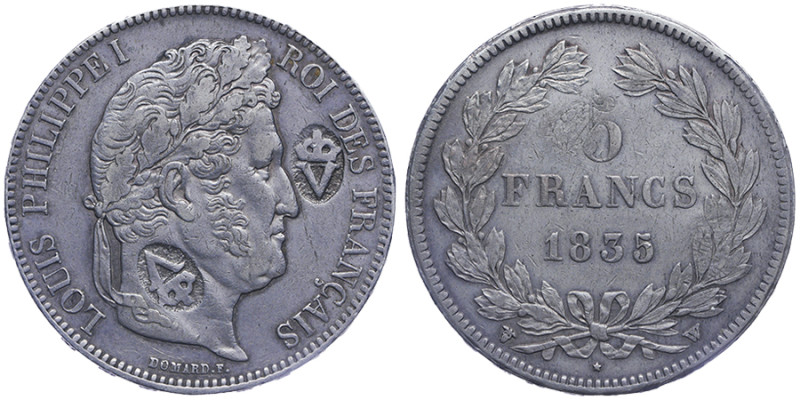 Louis-Philippe Ier 1830-1848
5 Francs, Lille, 1835 W, Contremarquée avec une V ...