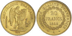IIe République 1848-1852
20 francs Génie, Paris, 1848 A, AU 6.45 g.
Avers : RÉPUBLIQUE FRANÇAISE. Génie ailé de la République debout à droite, tenant ...