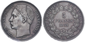 IIe République 1848-1852
5 francs satirique de Louis Napoléon Bonaparte, Paris, 1852 A, AG 24.98 g. Conservation : TTB-SUP
La pièce a été regravée pou...