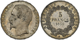 Second Empire 1852-1870
5 Francs tête nue , Paris, 1852 A, AG 25 g. Ref : G.726
Conservation : NGC MS 64. FDC
