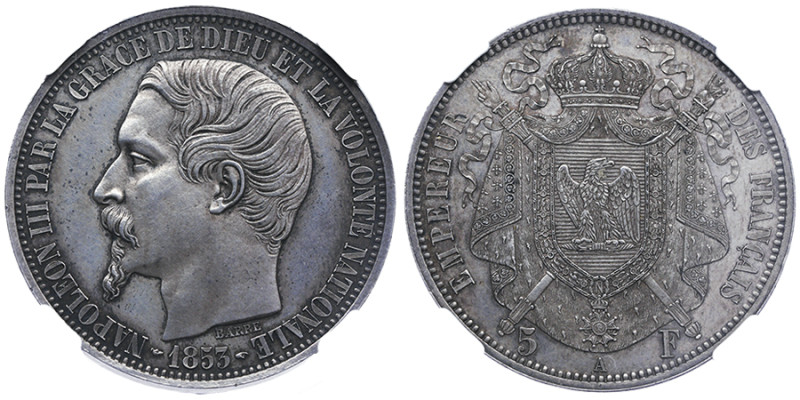 Second Empire 1852-1870
Essai de 5 francs tête nue, grosse tête, Paris 1853 A, A...