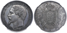 Second Empire 1852-1870
Essai de 5 francs tête nue, grosse tête, Paris 1853 A, AG par Barre, tranche lisse
Avers : NAPOLEON III PAR LA GRACE DE DIEU
E...