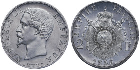 Second Empire 1852-1870
2 francs 1856, épreuve par Bouvet, tranche lisse, AG 11.19 g.
Avers : Tête nue à gauche
Revers : Armoiries impériales posées s...