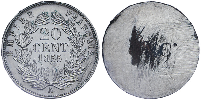 Second Empire 1852-1870
Epreuve de 20 centimes uniface revers en cuivre argenté ...