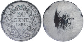 Second Empire 1852-1870
Epreuve de 20 centimes uniface revers en cuivre argenté , Paris, 1855 A, 1.21 g.
Ref : G. 305
Conservation : FDC