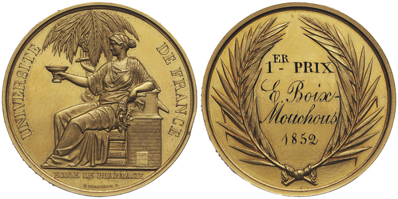 Second Empire 1852-1870
Médaille en or, 1852, AU 69.90 g. 45 mm par E. Farochon,...