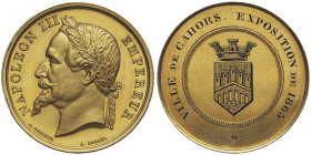 Second Empire 1852-1870
Médaille en or, 1865, AU 26.60 g. par Borrel poinçon abeille or
Avers : NAPOLEON III EMPEREUR
Revers : VILLE DE CAHORS EXPOSIT...