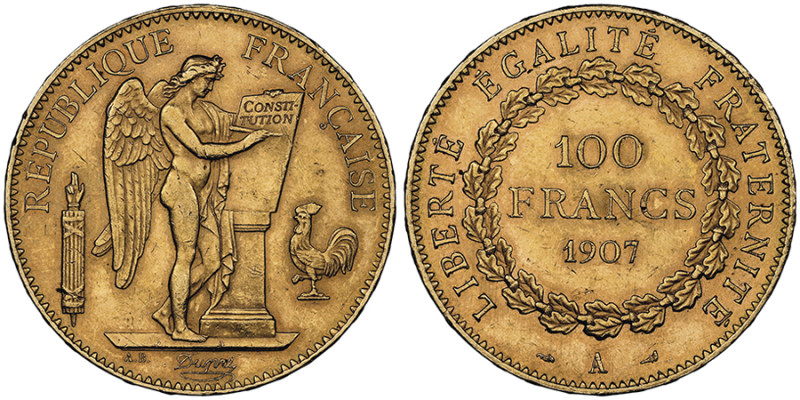 Troisième république 1870-1940
100 Francs, Paris, 1907 A, AU 32.25 g.
Ref : G. 1...