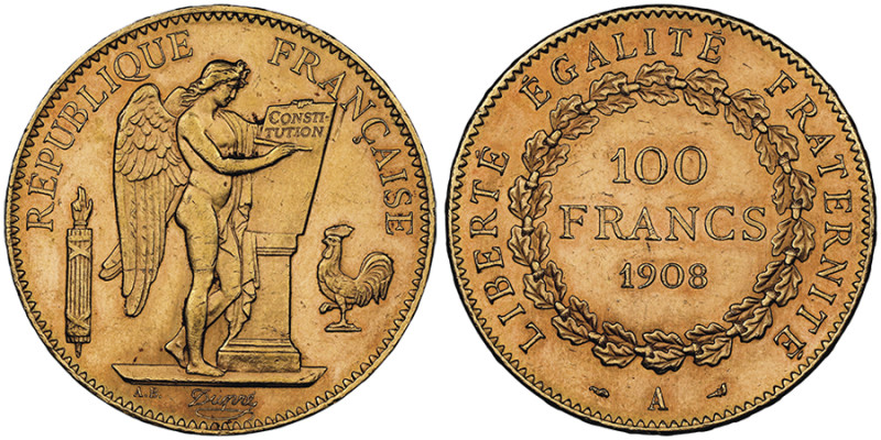 Troisième république 1870-1940
100 Francs, Paris, 1908 A, AU 32.25 g.
Ref : G. 1...
