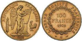 Troisième république 1870-1940
100 Francs, Paris, 1908 A, AU 32.25 g.
Ref : G. 1137, Fr. 590
Conservation : NGC MS 62