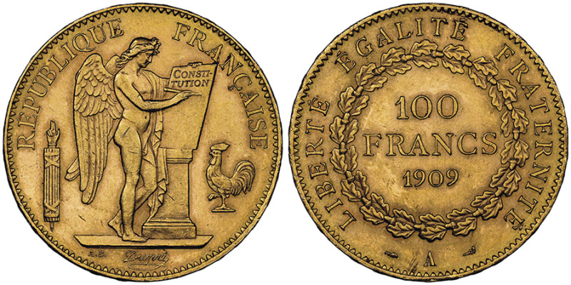 Troisième république 1870-1940
100 Francs, Paris, 1909 A, AU 32.25 g.
Ref : G. 1...