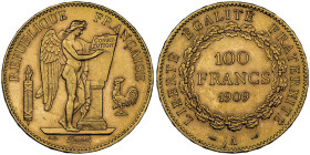 Troisième république 1870-1940
100 Francs, Paris, 1909 A, AU 32.25 g.
Ref : G. 1137, Fr. 590
Conservation : NGC MS 62
