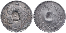 Troisième république 1870-1940
5 Francs Cérès, Paris, 1870 A, Contremarquée avec la tête de Napoléon III, AG 24.82 g. Conservation : TTB