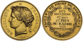Troisième république 1870-1940
Médaille en or, 1872, AU 13.87 g. 23 mm par Merley, poinçon abeille
Avers : REPUBLIQUE FRANCAISE
Revers : FACULTE DE DR...