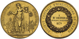 Troisième république 1870-1940
Médaille en or, 1879, AU 28.12 g. 37 mm poinçon abeille, opus Borrel
Avers : HORTORVM CVLTVRA
Revers : SOCIETE CENTRALE...