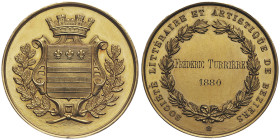 Troisième république 1870-1940
Médaille en or, 1880, AU 38 g. 37 mm Avers : Ecu couronné
Revers : SOCIETE LITTERAIRE ET ARTISTIQUE DE BEZIERS attribué...