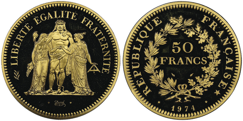 Cinquième République 1959 à nos jours
Piéfort en or de 50 Francs Hercule, 1974, ...