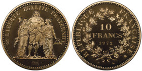 Cinquième République 1959 à nos jours
Piéfort or de 10 Francs Hercule, 1972, AU 84.1 g. 920‰
Ref : GEM 183.P2, KM#P459
Conservation : NGC PROOF 69 ULT...