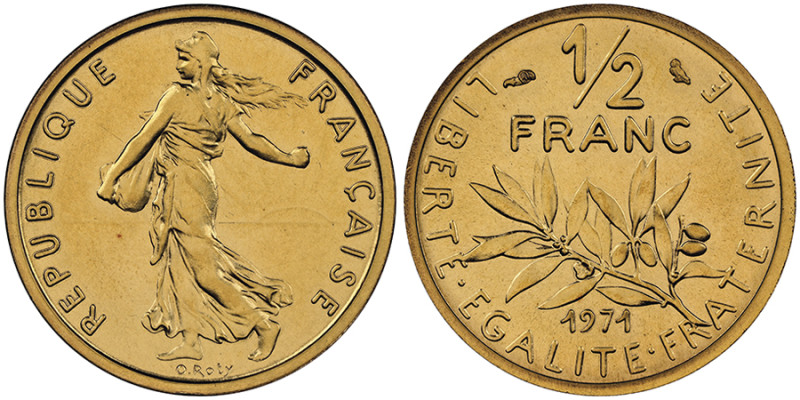 Cinquième République 1959 à nos jours
Piéfort or de 1/2 franc Semeuse, 1971, AU ...
