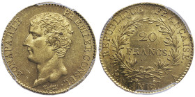 Premier Consul 1799-1804
20 Francs, Paris, AN 12 A, AU 6.45 g.
Ref : G. 1020, Fr. 480 Conservation : PCGS MS 63. Magnifique et rare en MS