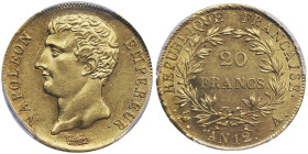 Premier Empire 1804-1814
20 Francs, Paris, AN 12 A, AU 6.45 g.
Ref : G. 1020, Fr. 480 Conservation : PCGS MS 62