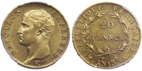 Premier Empire 1804-1814
20 Francs, Paris, AN 13 A, AU 6.45 g.
Ref : G.1022, Fr. 488
Conservation : PCGS MS 62