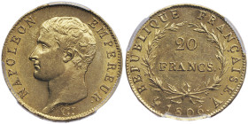 Premier Empire 1804-1814
20 Francs, Paris, 1806 A, AU 6.45 g.
Ref : G. 1023
Conservation : PCGS MS 62