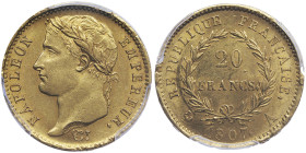 Premier Empire 1804-1814
20 Francs, Paris, 1807 A, AU 6.45 g. Ref : G.1024 Fr. 487
Conservation : PCGS MS 62