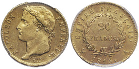 Cent-Jours, 20 mars-22 juin 1815
20 Francs, Paris, 1815 A, AU 6.45 g. Ref : G. 1025a, Fr. 522
Conservation : PCGS MS 61